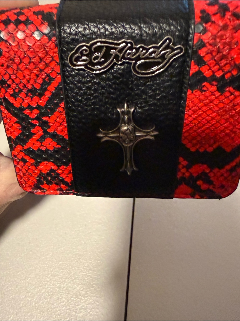 Ed Hardy Red and Black Snake-Print Cross Accent Crossbody Bag